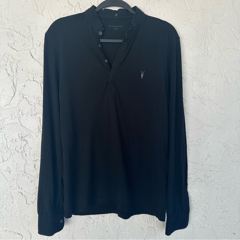 ALLSAINTS Shirt Top Mens Size Medium Grail LS Polo Black Henley Cotton